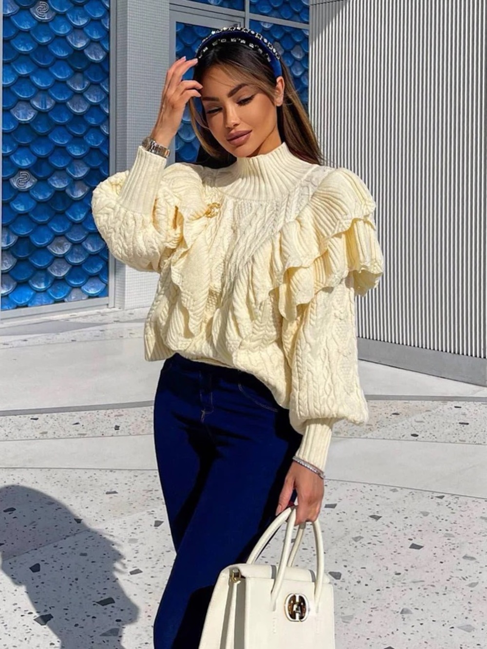 Davi & Dani Cream Knitted Ruffle High Neck Sweater